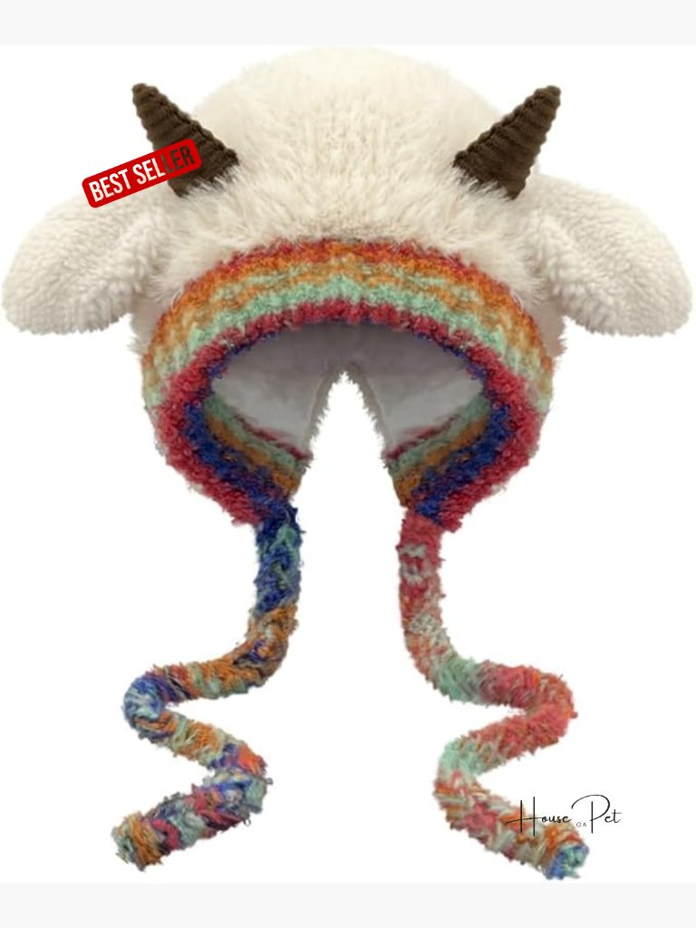Plush Faux Fur Knitted Animal Hat With Horns Sheep Ears Beanie Ear Flap Winter